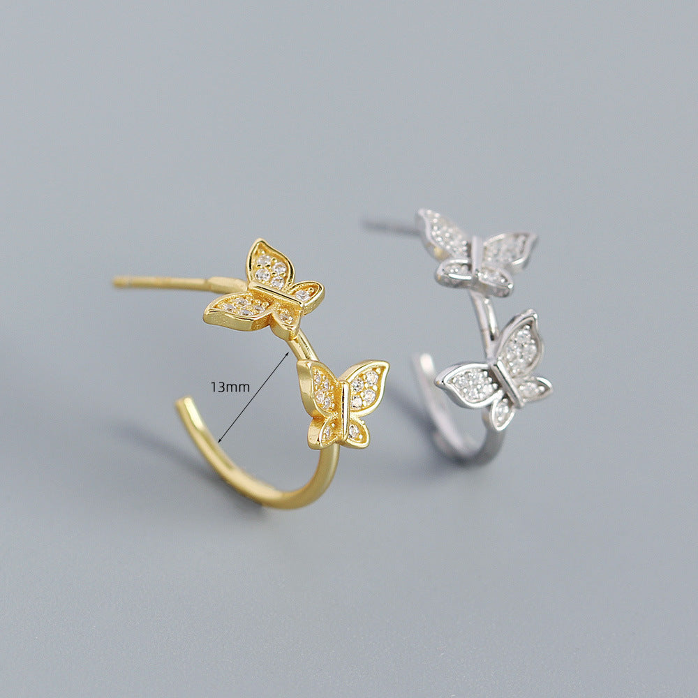 Luxury Butterfly-Shaped S925 Sterling Silver Stud Earrings with Rhinestone Inlay for Women