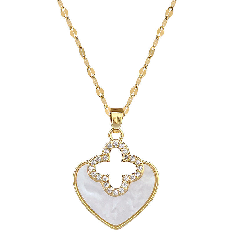 Collana pendente minimalista con cuore e quadrifoglio in acciaio inossidabile con strass per donna e uomo