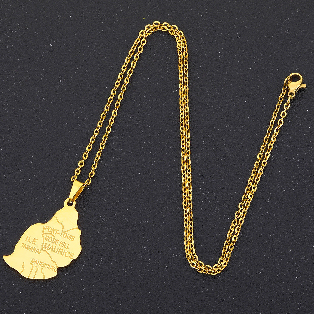 Collar con colgante de mapa geométrico de Mauricio en acero inoxidable chapado en oro con cadena tipo O para moda unisex