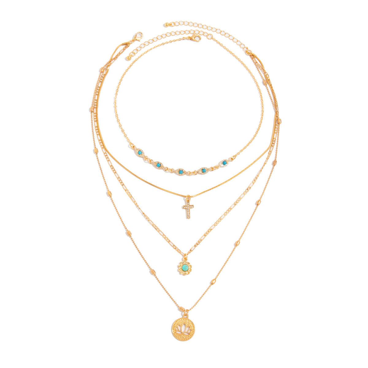 Vintage Ethnic Lotus Drop Pendant Necklace with Rhinestone Cross Accents on Delicate Chain for Women