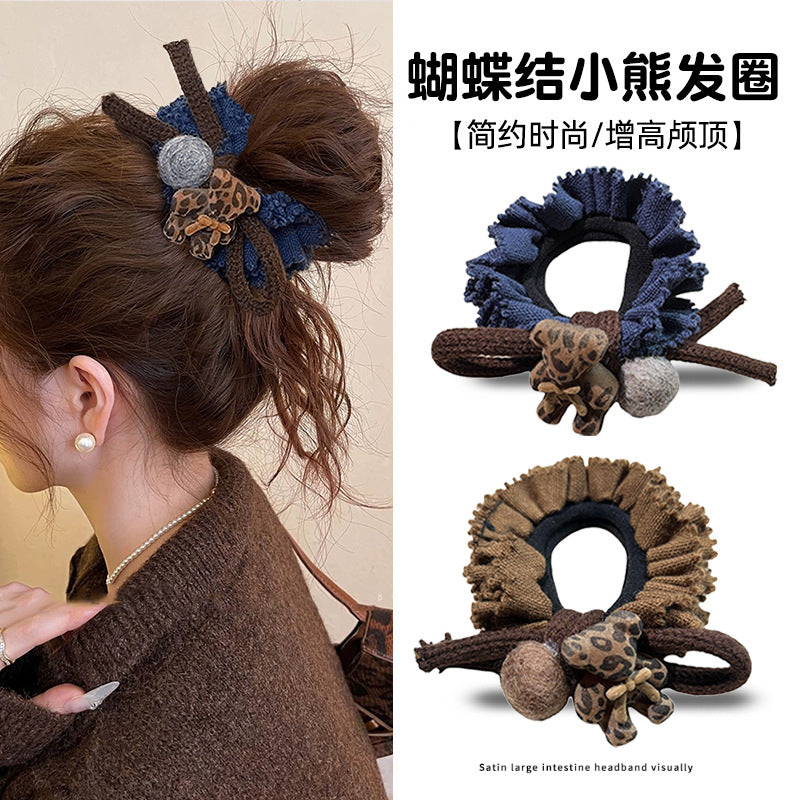 Elastico per capelli da donna in tessuto con bordo in velluto a forma di orsetto, stile lussuoso, elevata elasticità ed eleganza retrò