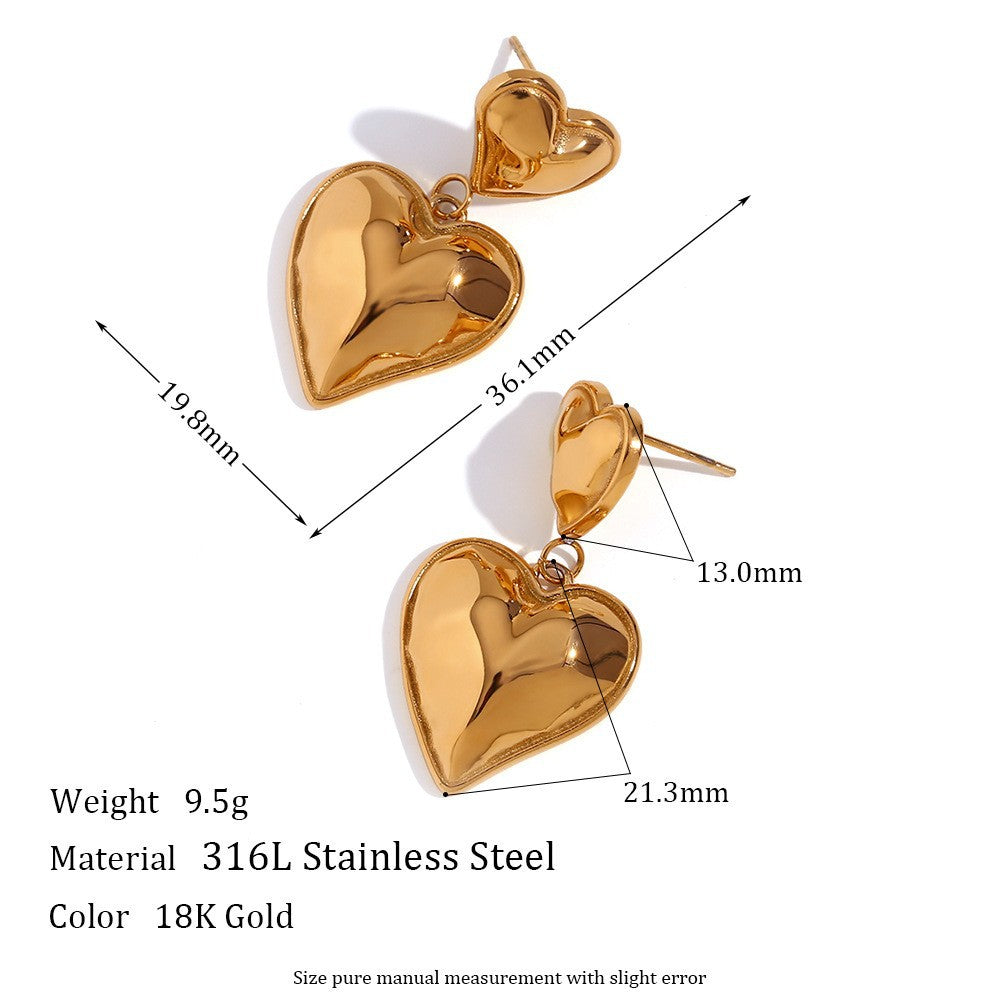 Pendientes minimalistas de acero inoxidable con forma de corazón vintage, chapado en oro de 18 quilates y detalles geométricos