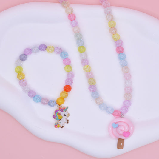 Collar Colgante de Unicornio de Dibujos Animados para Niñas en Resina con Cadena de Bolitas Redondas, Set de Joyas Estilo Princesa para Niñas