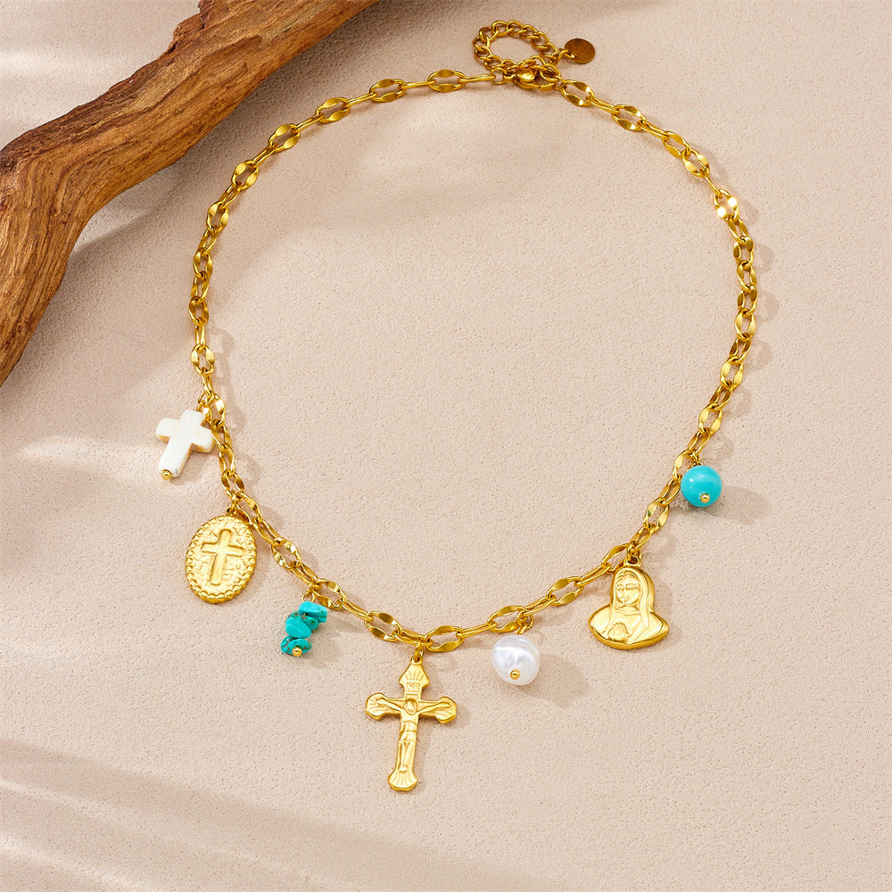 Personalized Gold Plated Stainless Steel Cross Pendant Necklace with Pearl and Crushed Stone Accents