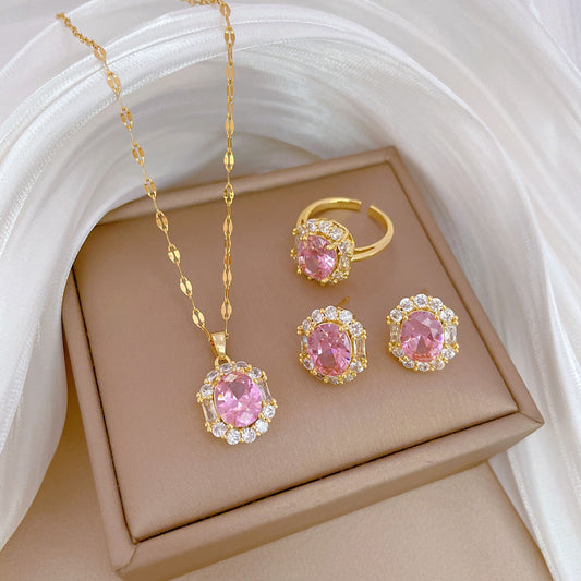 Conjunto de Collar, Pendientes y Anillo de Acero de Titanio con Pedrería Geométrica de Lujo