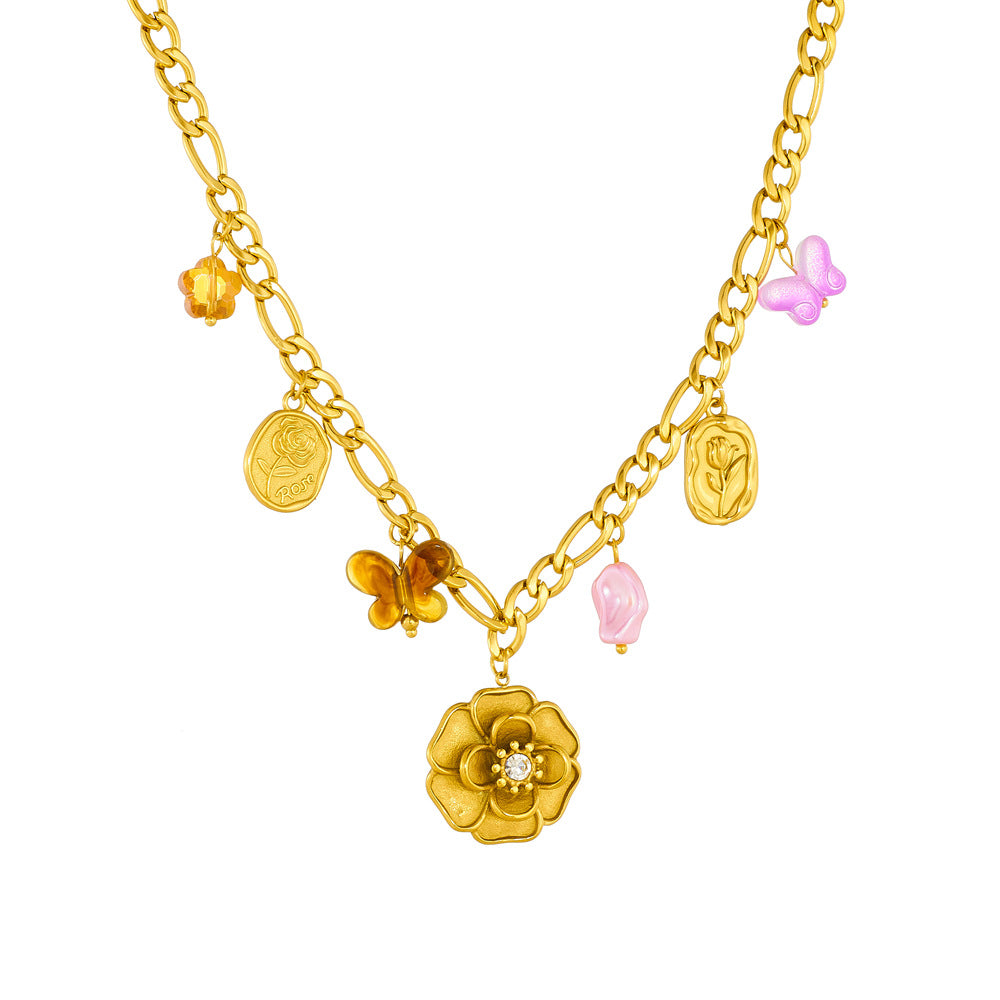 Fashionable Butterfly and Camellia Pendant Necklace in Gold-Plated Stainless Steel for Women
