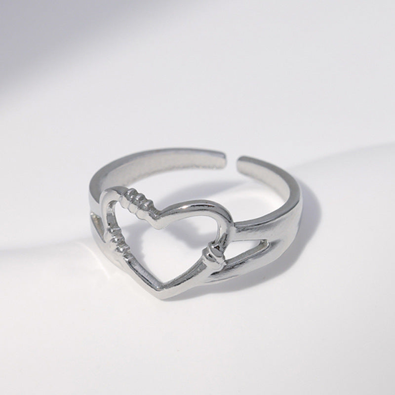 Minimalist Titanium Steel Leaf and Heart Shape Open Ring for Women with Plated Finish