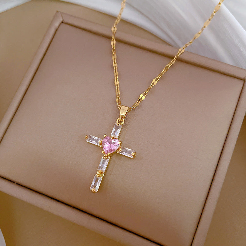Collana di lusso rosa con croce in strass, girocollo in acciaio inossidabile e titanio, ciondolo a luna geometrico