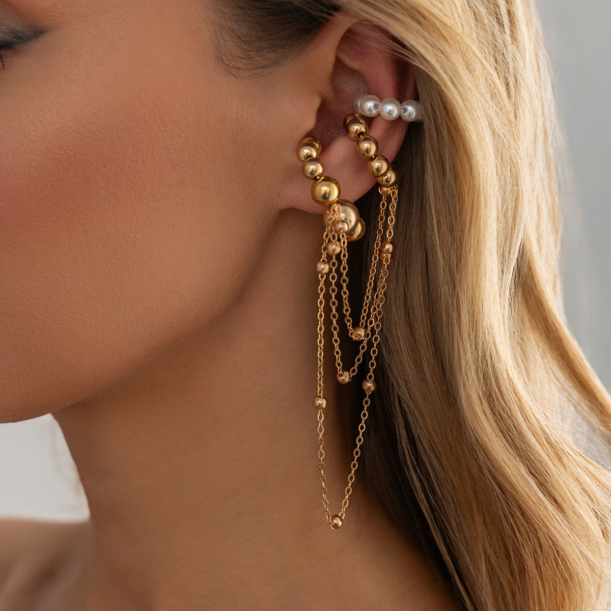 Minimalist Round Plated Brass Ear Cuff with Pearl Tassel