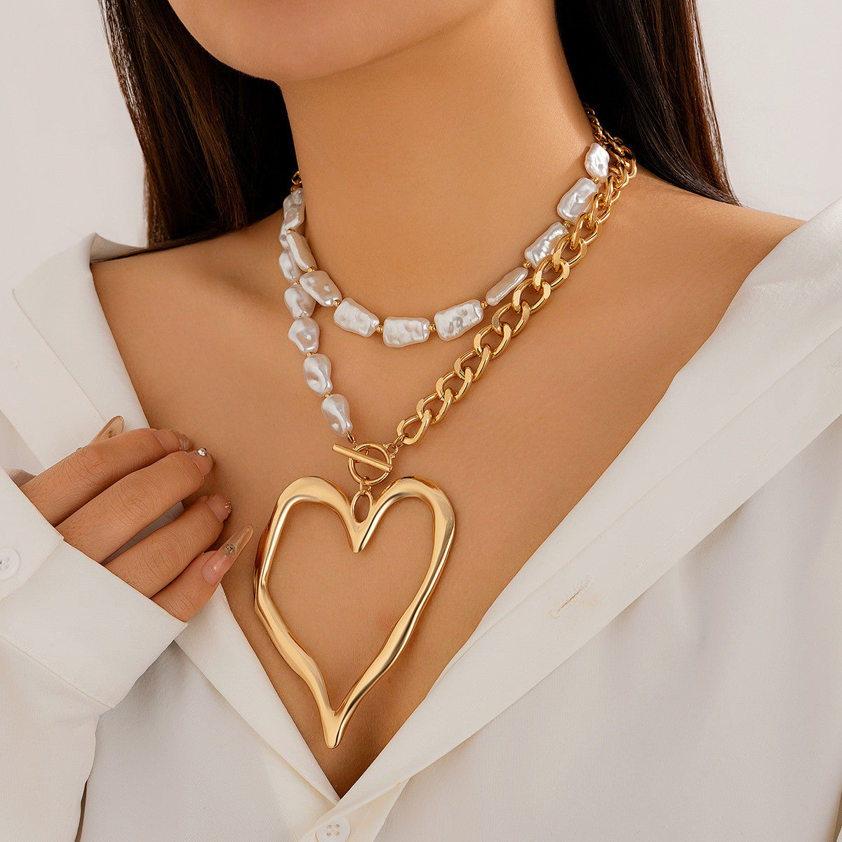 Sweet Punk Exaggerated Double Layer Heart Shape Zinc Alloy Plated Beaded Necklace for Women