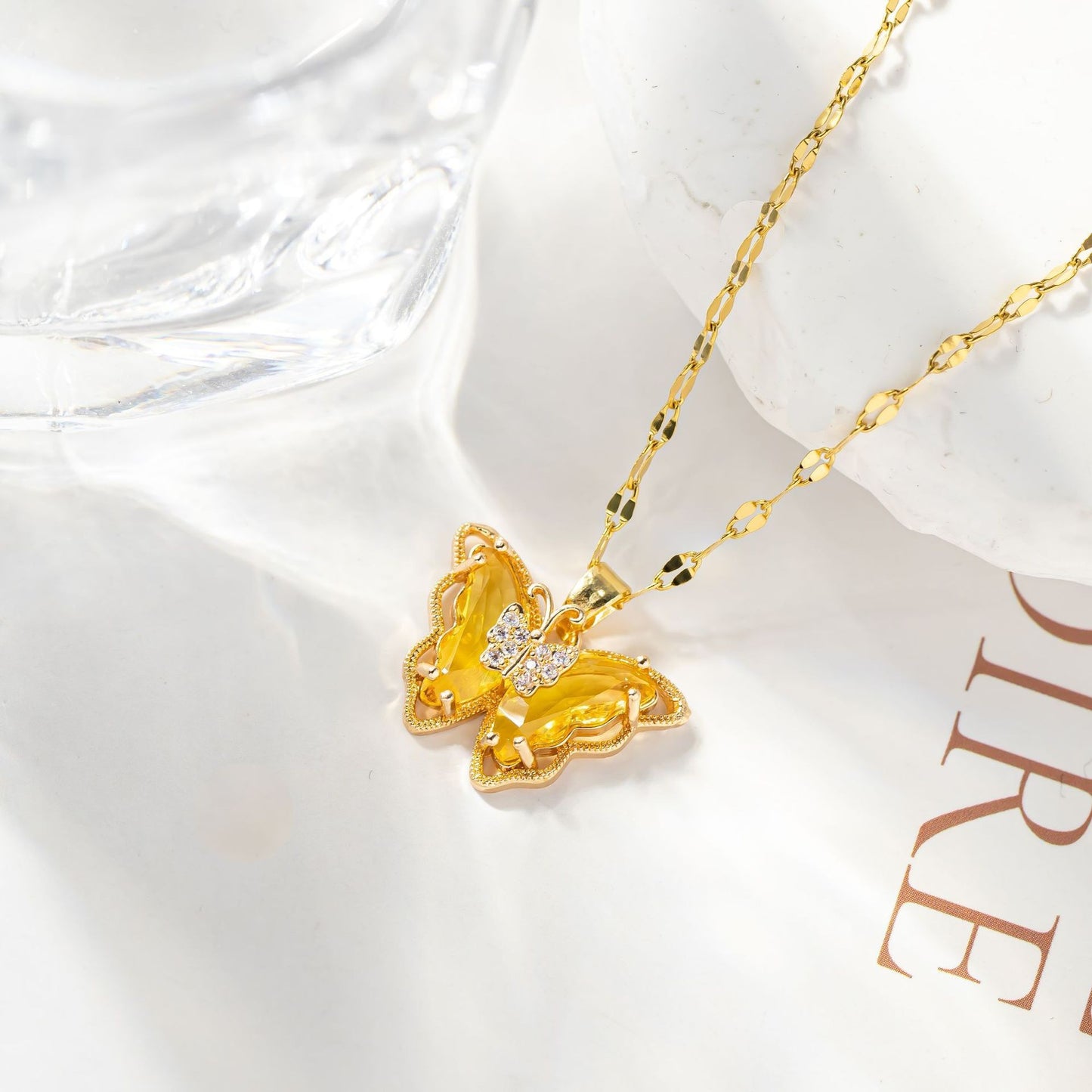 Minimalist Elegant Gold Plated Titanium Steel Butterfly Necklace with Crystal Inlay for Women