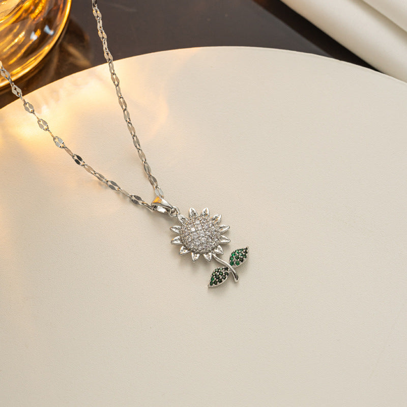 Minimalist Sunflower Pendant Necklace for Women in Titanium Steel with Plating Finish and Zircon Accents on Wavy Chain