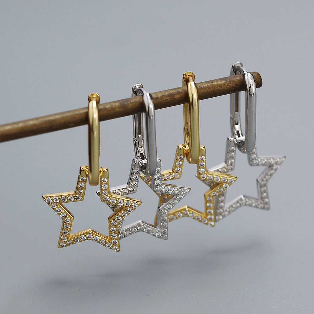 Orecchini a perno da donna a forma di stella in argento sterling S925, stile lussuoso, con intarsio di strass