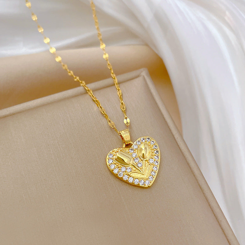 Minimalist Heart Rose Floral Pendant Necklace for Women Stainless Steel Snake Chain with Rhinestone Accents