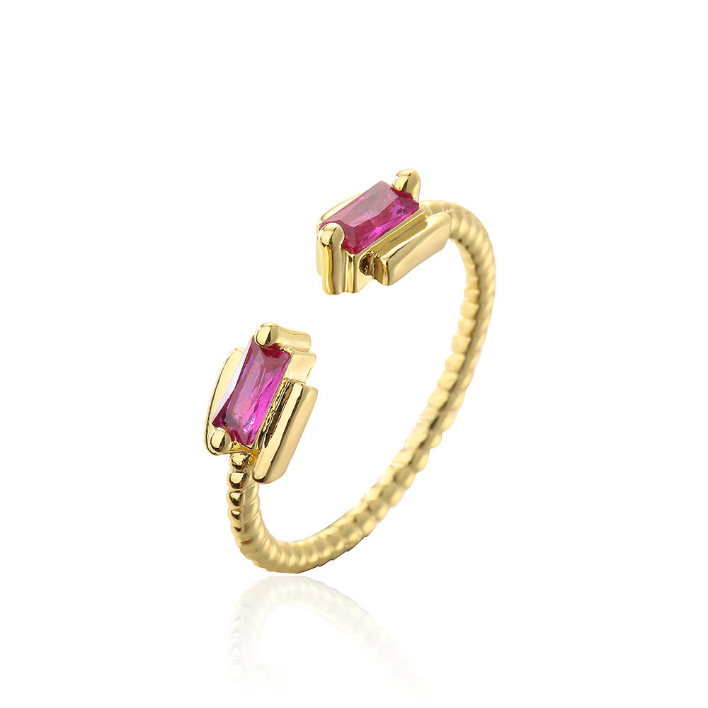 Anello Aperto Geometrico Minimalista da Donna in Rame con Placcatura in Oro e Intarsio di Zirconi Arcobaleno
