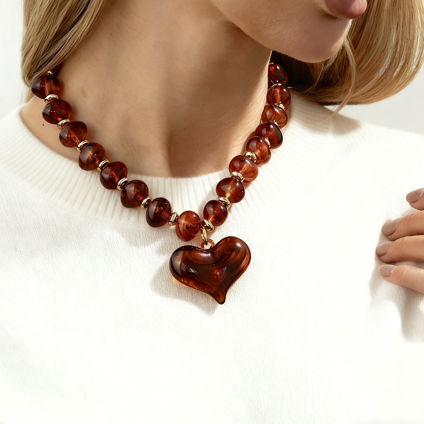 Collana Pendente Vintage Cuore Goccia Olio Resina con Perline Sfumate da Donna