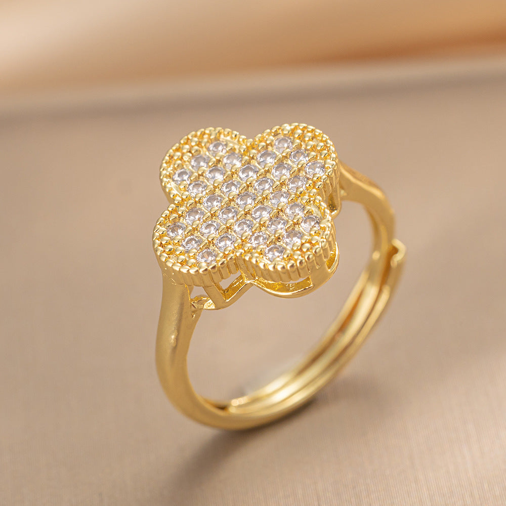 Luxury Minimalist Adjustable Open Ring for Women with Gold-Plated Copper Band and Zircon Stone Accent in Heart and Floral Shape