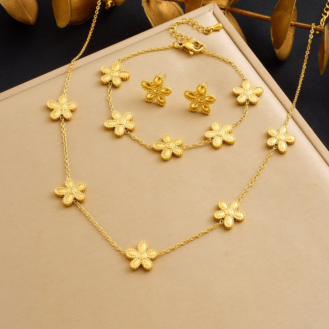 Minimalist Gold Plated Floral Stainless Steel Jewelry Set for Women