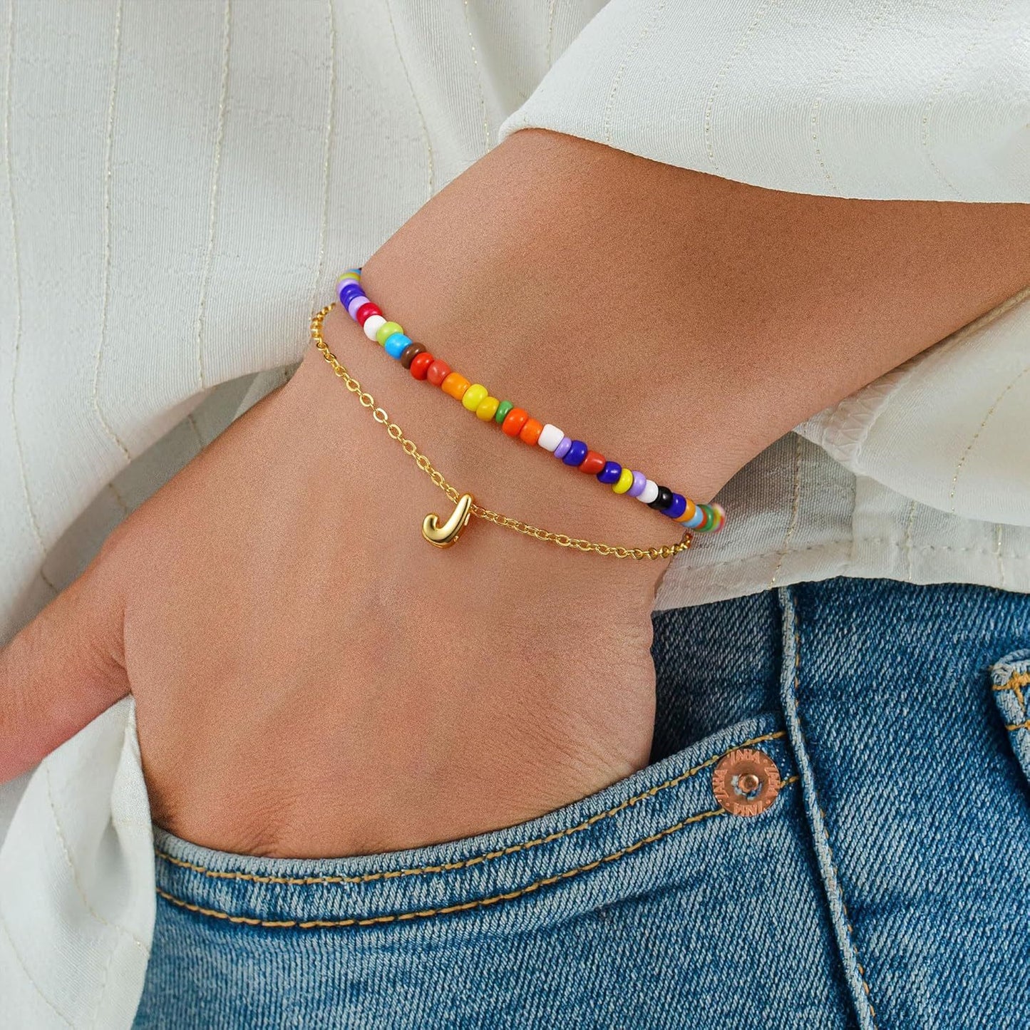 Bohemian Colorful Seed Bead Stainless Steel Letter Chain Bracelet Set