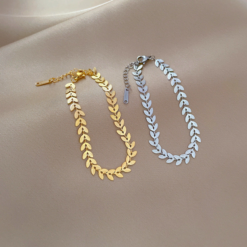 Minimalist Vintage Leaf Link Chain Bracelet in Titanium Steel with Wavy and Bean Pattern