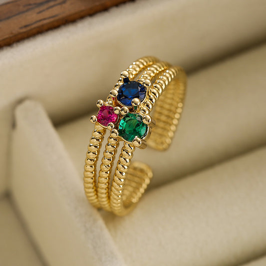 Anillo Abierto Geométrico Minimalista para Mujer Hecho de Cobre con Baño de Oro Real e Incrustaciones de Circones