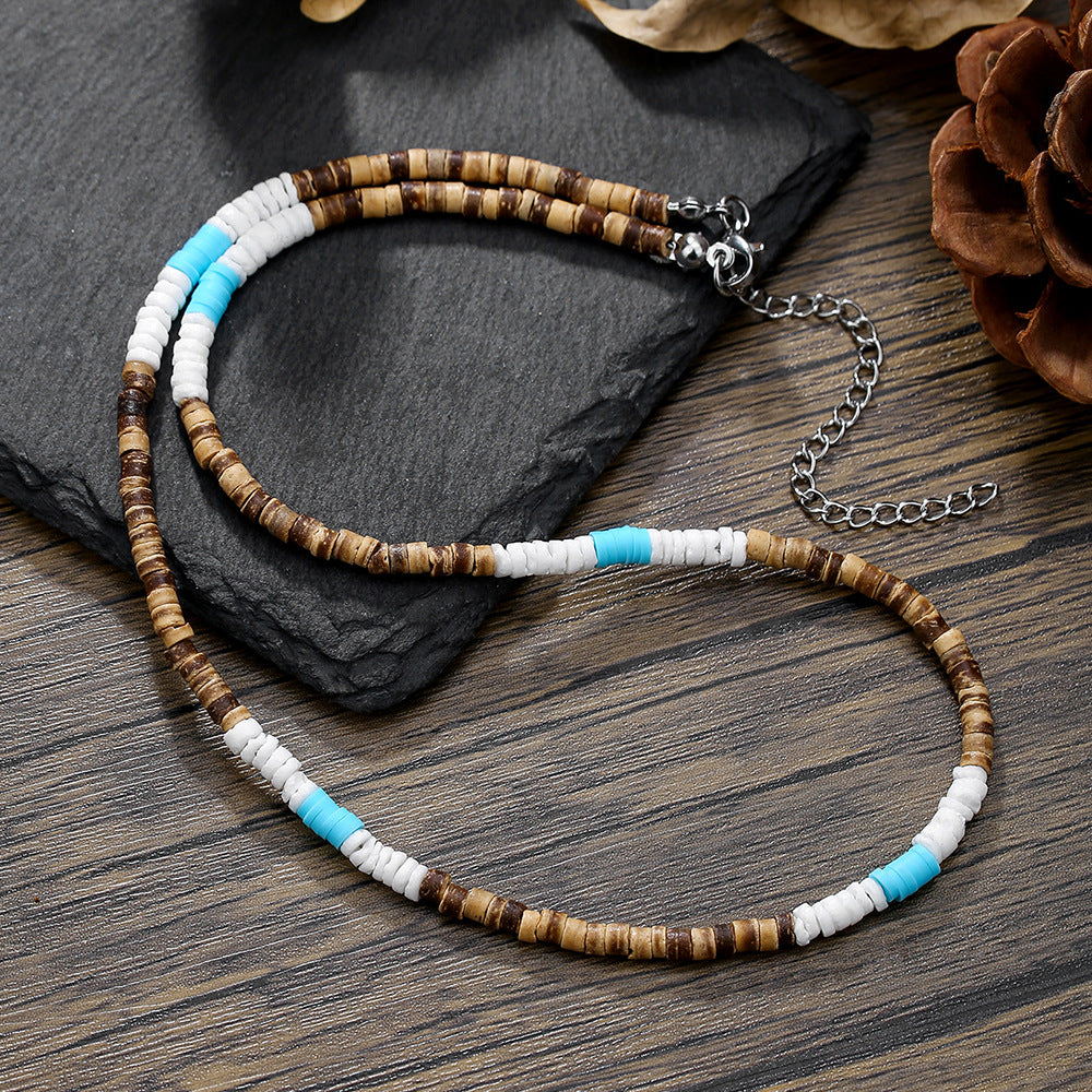 Bohemian Vintage Ethnic Punk Hip-hop Geometric Round Wood Bead Stainless Steel Ball Chain Necklace