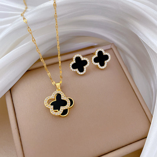 Lucky Clover Necklace and Earrings Set in Titanium Steel with Geometric Design Electroplated for Women