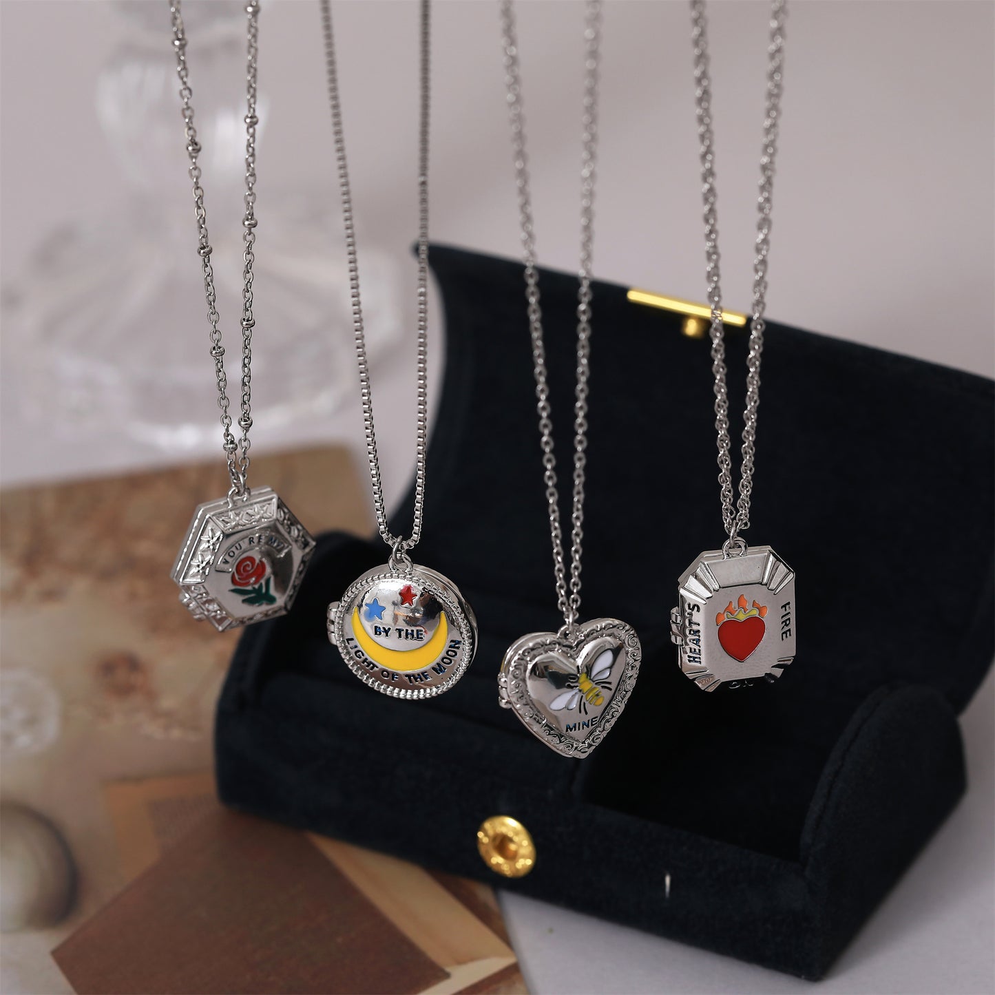 Y2K Style Moon and Rose Pendant Necklace for Women with Enamel Detailing on Copper Base Geometric Design