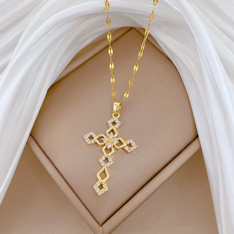 Sweet Minimalist Cross Titanium Steel Necklace with Cubic Zirconia for Unisex
