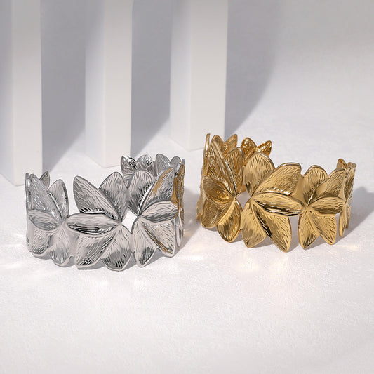 Bracciale a fascia aperta da donna in acciaio inossidabile placcato oro 18 carati a forma di petalo, regolabile, dal design minimalista