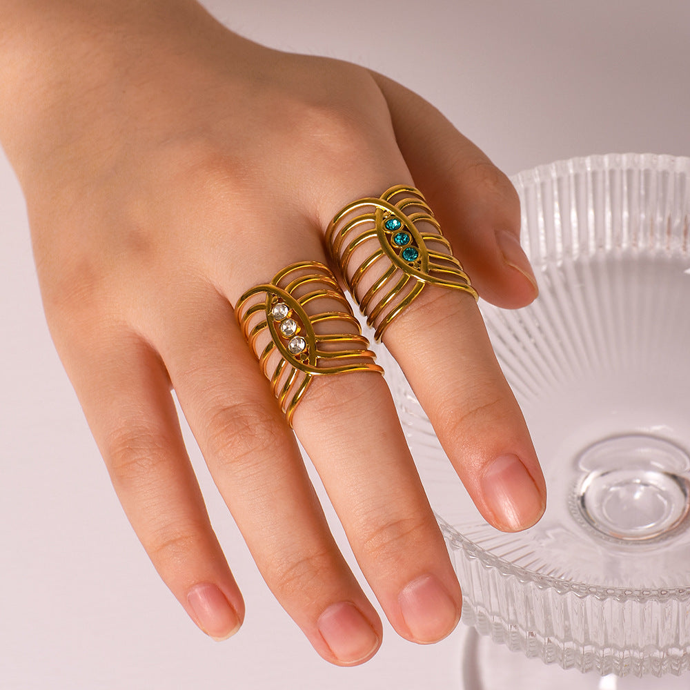 Geometric Stainless Steel Ring with 18K Gold Plating and Zircon Inlay for Women — Hypoallergenic, Fade-Resistant Statement Jewelry
