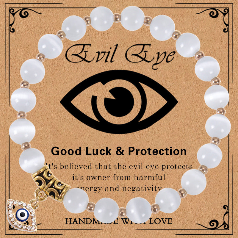 Minimalist Elegant 8mm Pink Zebra Stone Evil Eye Bracelet Unisex Fashion Jewelry Gift