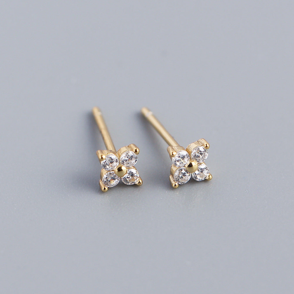 Minimalist Sweet 925 Sterling Silver Inlaid Rhinestone Floral Stud Earrings