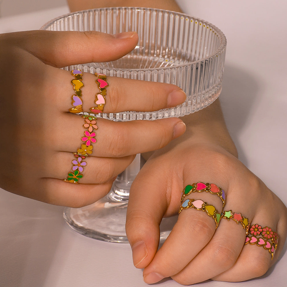 Bohemian Adjustable Stainless Steel Ring with Enamel Floral and Heart Design for Women
