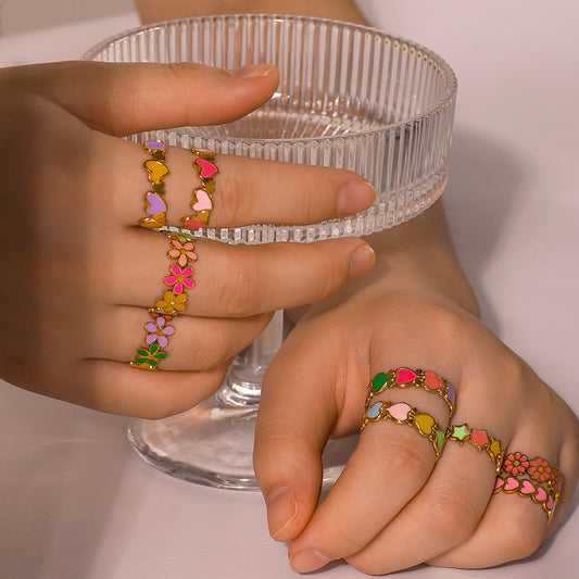 Anello Boemo Regolabile in Acciaio Inossidabile con Design Floreale Smaltato e a Cuore per Donna
