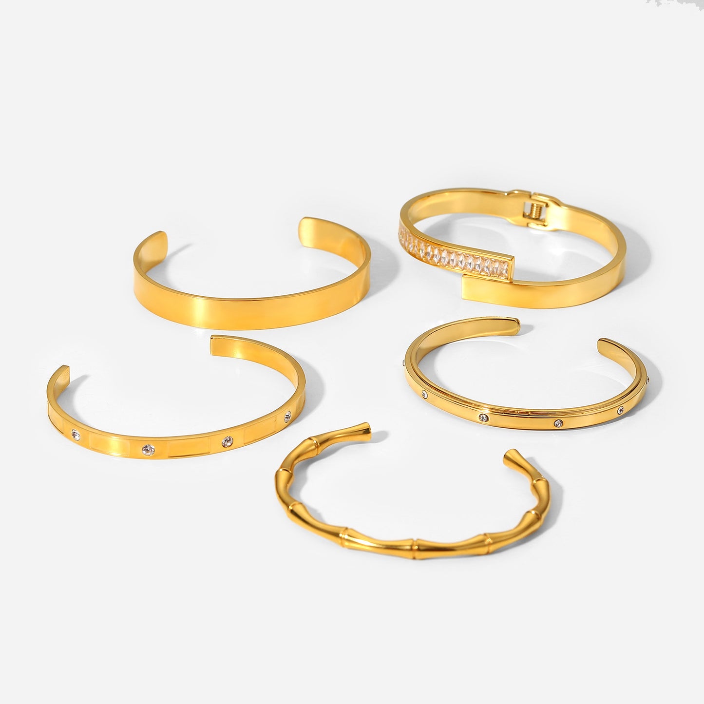 Geometric INS Style Rhinestone Inlay Open Bangle Bracelet for Women in 18K Gold Plated Titanium Steel
