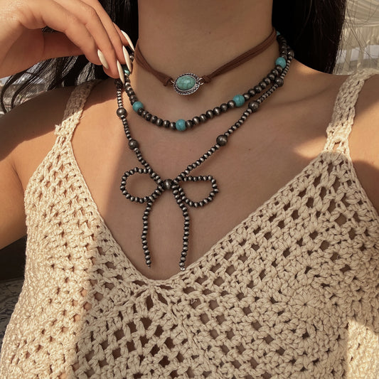 Collana Bohemian Vintage con Fiocco, Perline e Turchese Finto in Lega Placcata, Catena Multistrato per Donna