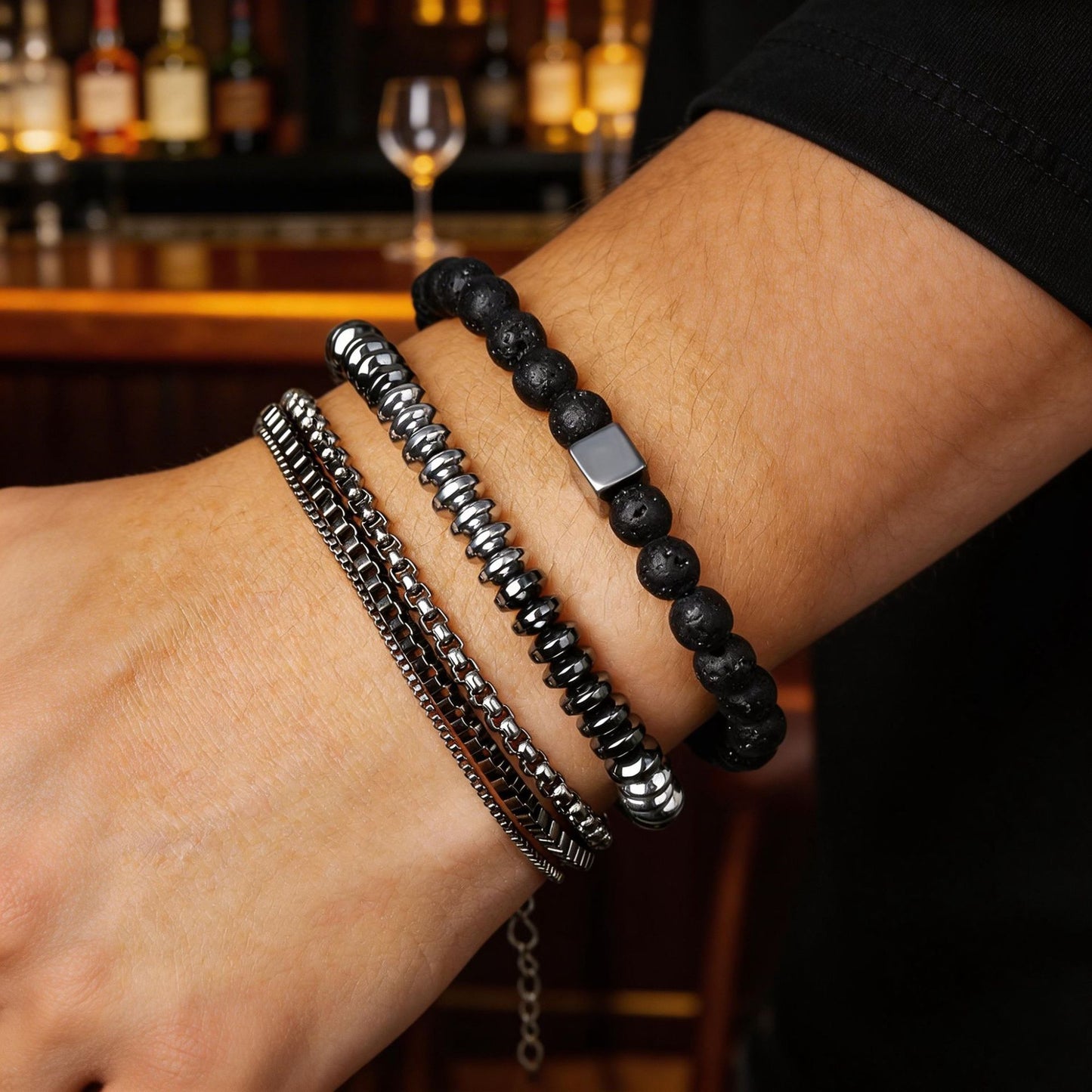 Hip-hop Geometric Round Stone Handmade Bracelet Set for Unisex