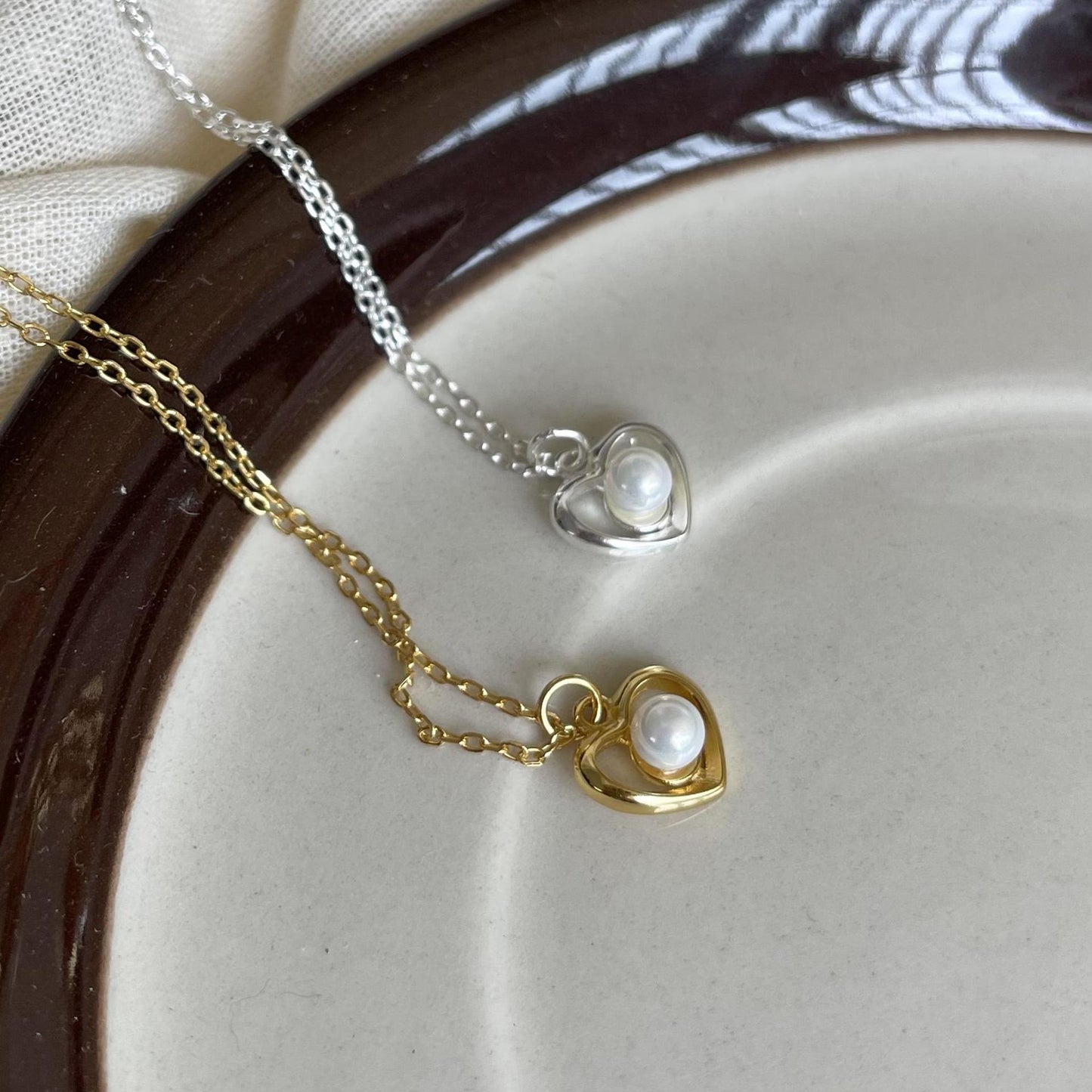 Minimalist Heart-Shaped 925 Sterling Silver Necklace with Pearl Accent, Dainty Adjustable Chain