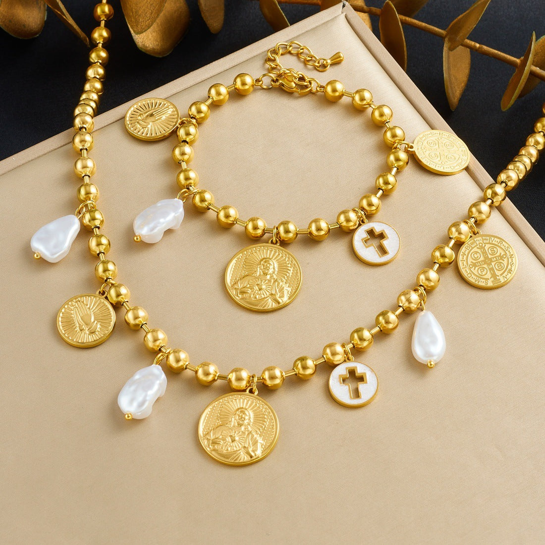 Vintage Gold Plated Stainless Steel Round Cross Relief Portrait Shell Pearl Necklace and Bracelet Set with Ball Chain