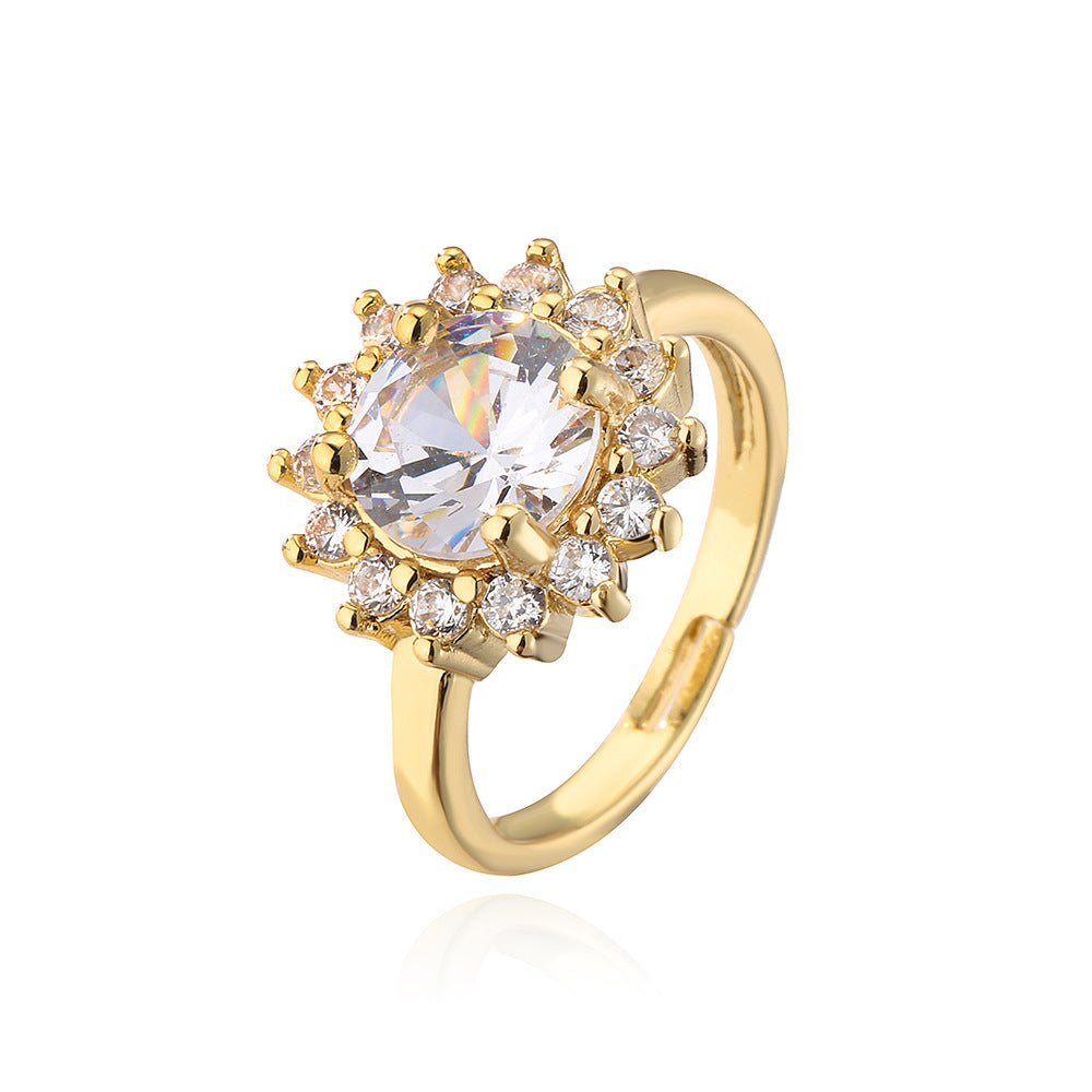 Anello aperto da donna minimalista geometrico floreale in ottone con placcatura in oro 18 carati e intarsio di zirconi