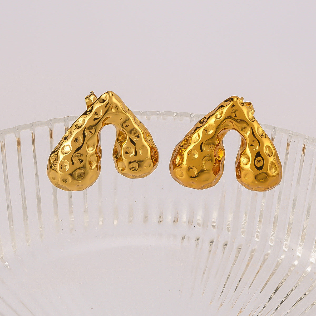 Minimalist Heart-Shaped Hammered Stainless Steel Earrings with 18K Gold Plating for Women