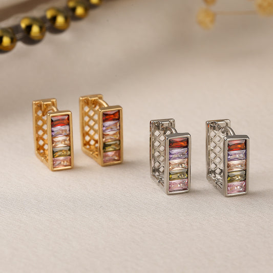 Pendientes Geométricos Minimalistas de Cobre con Baño de Oro e Incrustaciones de Circonitas de Colores para Mujer