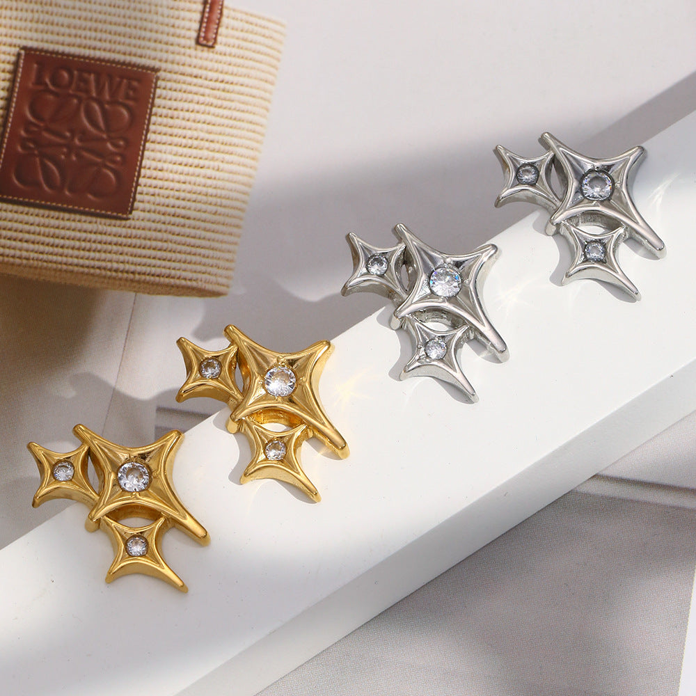Orecchini a perno da donna a stella a quattro punte geometrica minimalista in acciaio inossidabile con placcatura in oro 18 carati