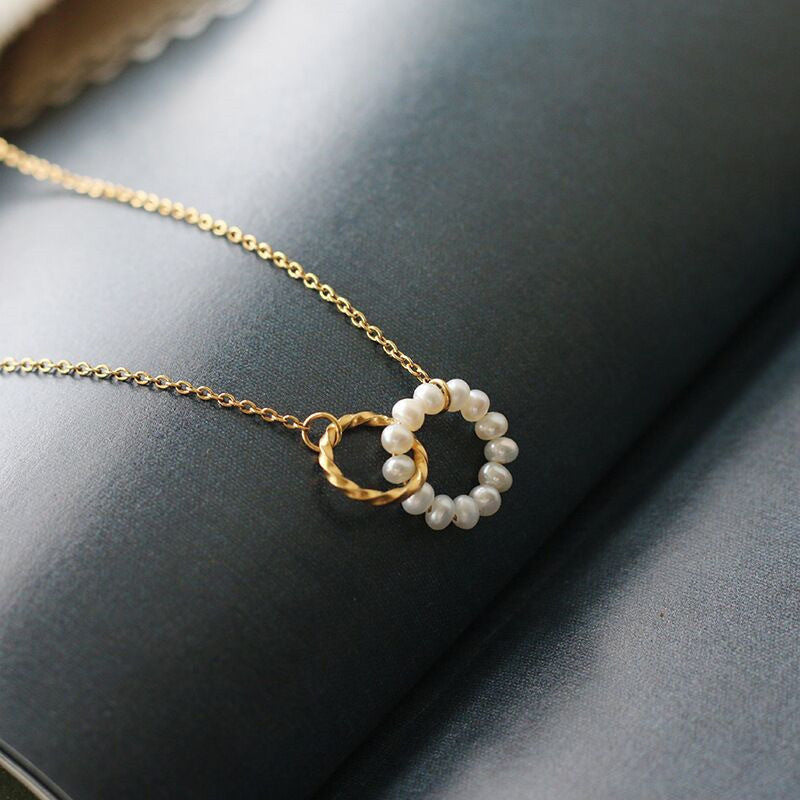 Minimalist Geometric Double Ring Titanium Steel Necklace with Pearl Accents for Women