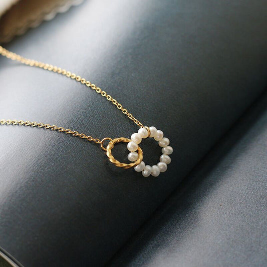 Minimalist Geometric Double Ring Titanium Steel Necklace with Pearl Accents for Women