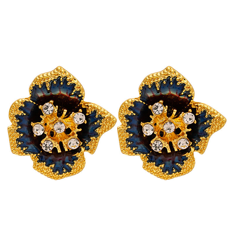 Vintage Floral Geometric Earrings with Enamel Finish and Rhinestone Inlay for Women Alloy Studs with Stainless Steel Posts
