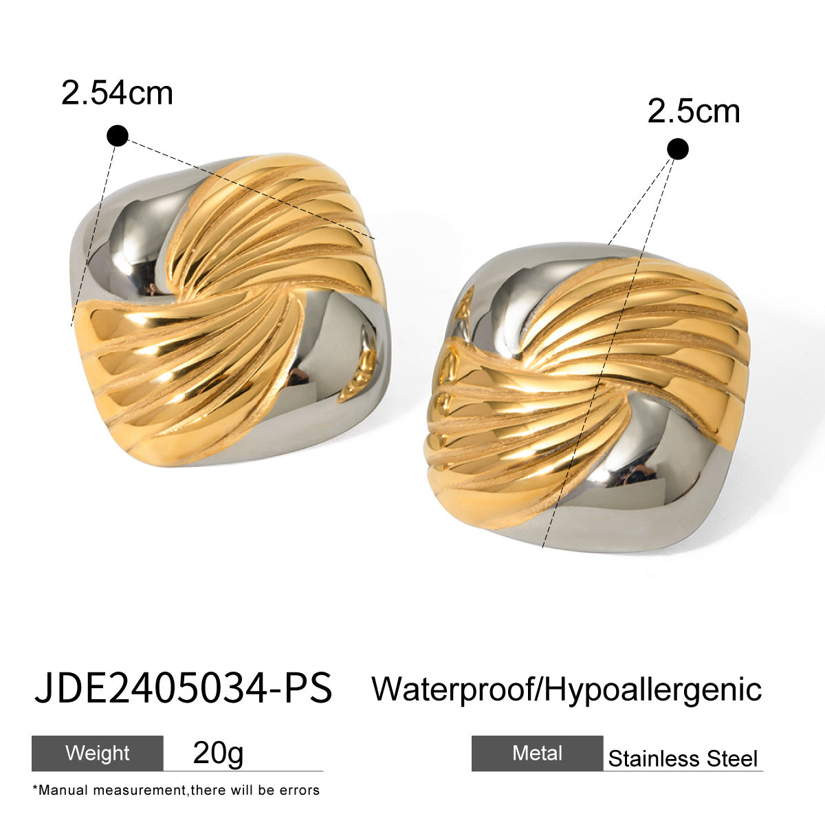 Luxury 18K Gold Plated Square Geometric Stainless Steel Two-Tone Screw Thread Earrings