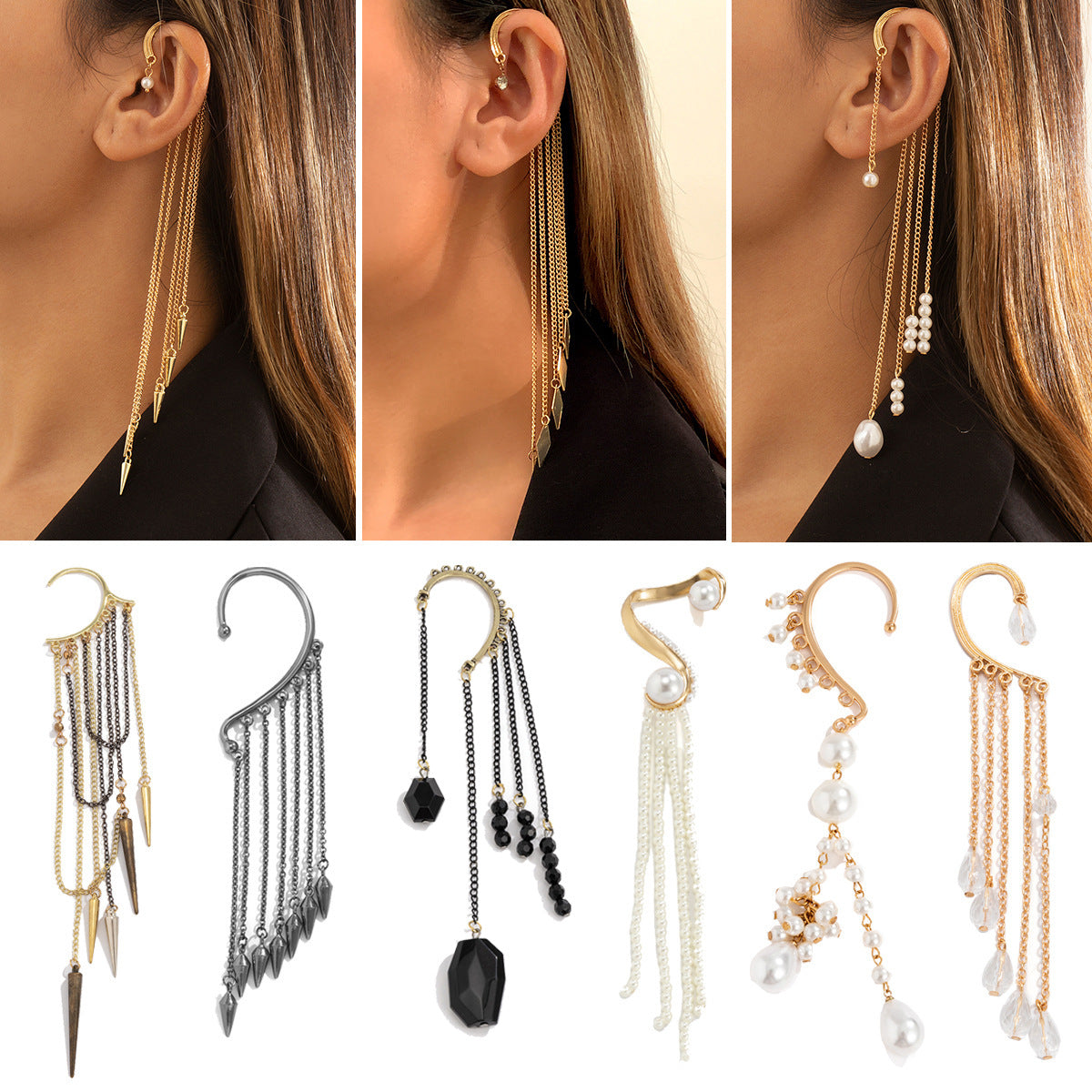 Sweet Geometric Alloy Plated Pearl Tassel Ear Cuff for Women