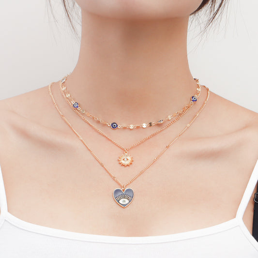 Minimalist Geometric Evil Eye Pendant Necklace for Women with Alloy Chain and Electroplated Finish